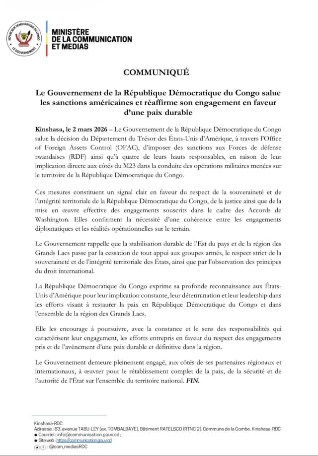 Guerre à l’Est : Kinshasa salue les sanctions américaines contre l’armée rwandaise et réaffirme son cap vers la paix